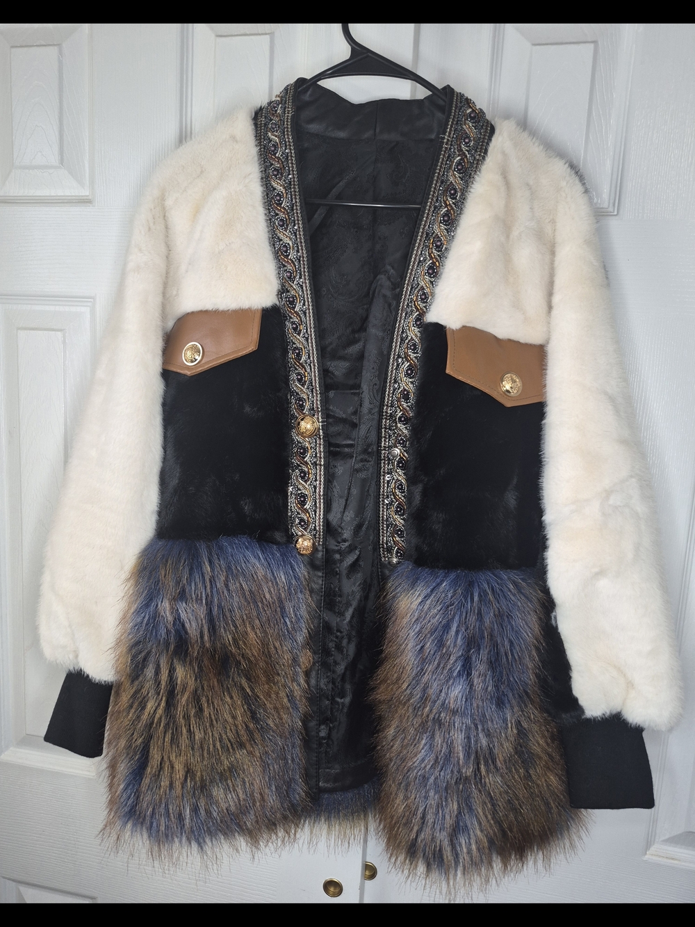 Mixed-Texture Teddy Jacket in Black, White & Tan - Picture 2 of 8